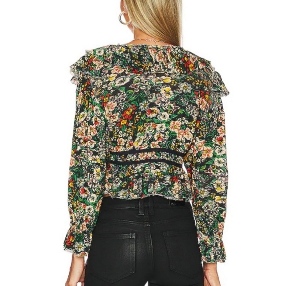 Free People Rudi Ruffle Night Black Orange Floral Garden Printed Top - Picture 3 of 10